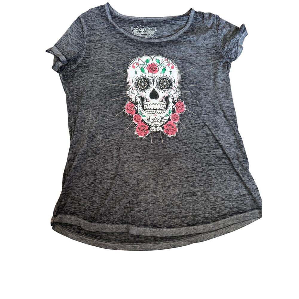 Rocker Girl All Access Sugar Skull Graphic Tee Grey Burnout Rose Short Sleeve